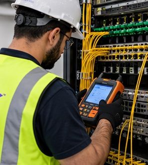 Technician working on network infrastructure
